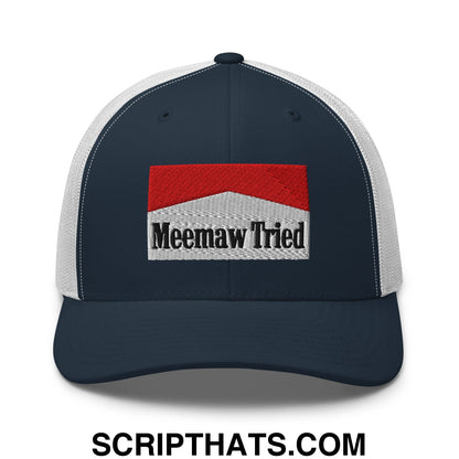Meemaw Tried Cigarette Red Embroidered Mesh Trucker Hat Navy White