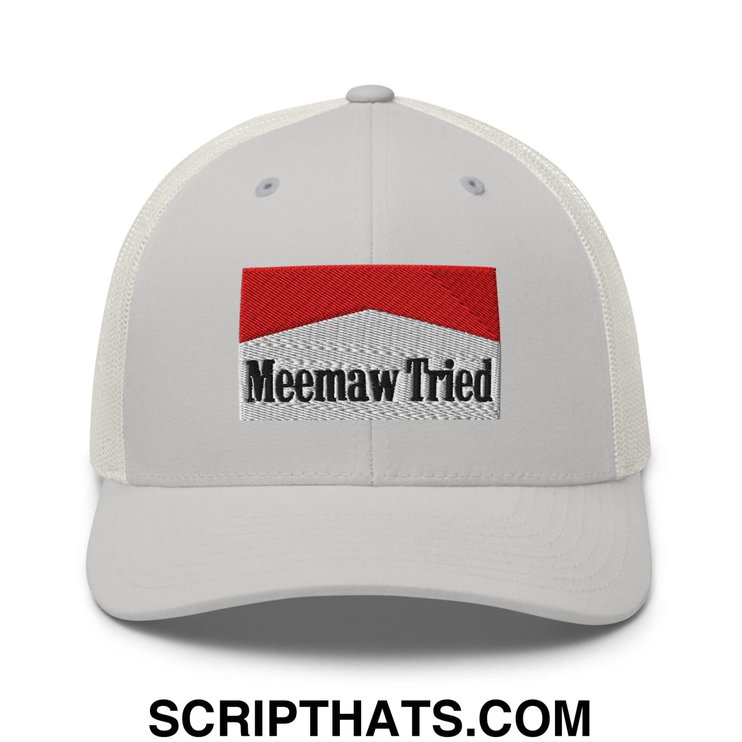 Meemaw Tried Cigarette Red Embroidered Mesh Trucker Hat Silver