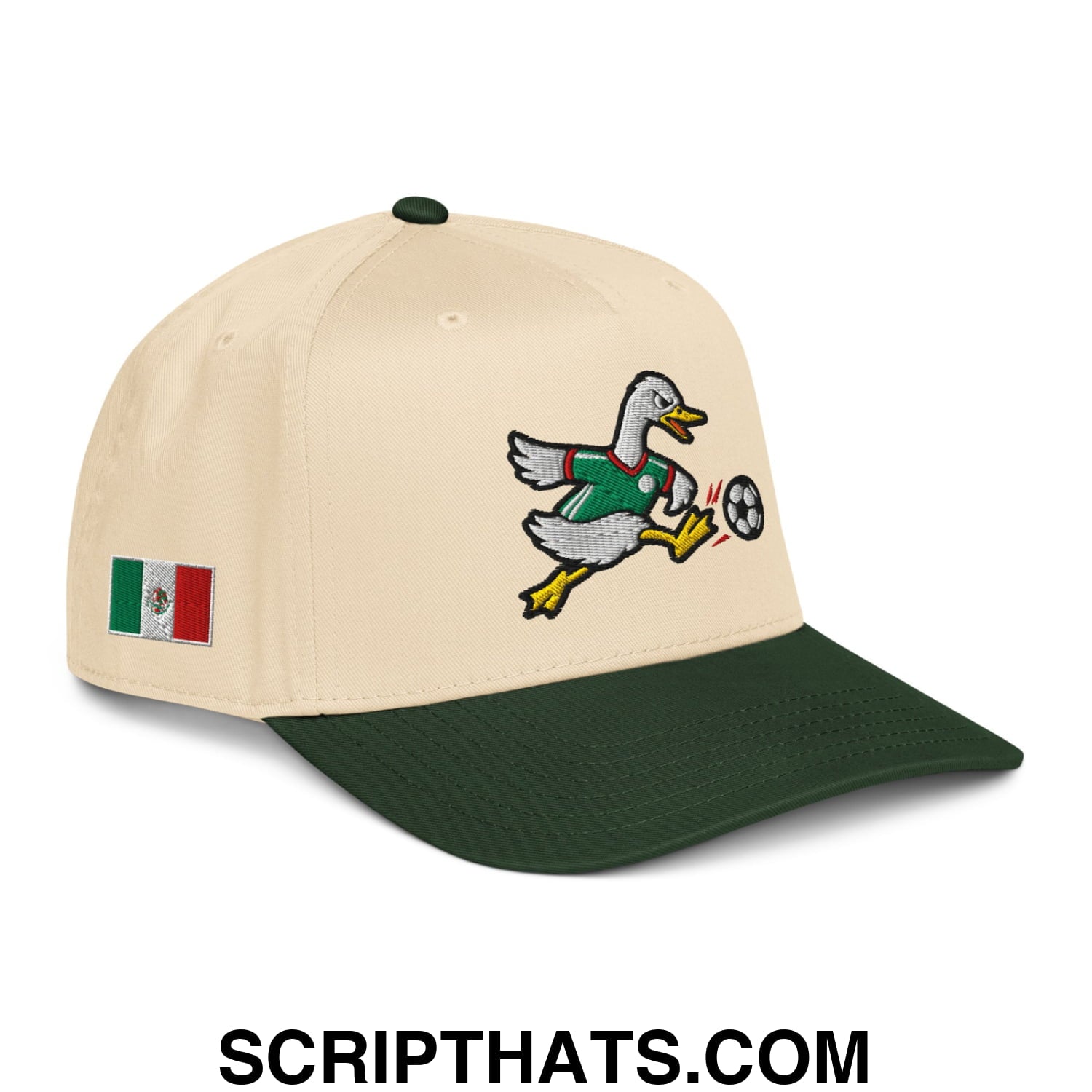Beige and dark green baseball snapback hat with embroidered duck in green jersey kicking soccer ball and Mexican flag patch