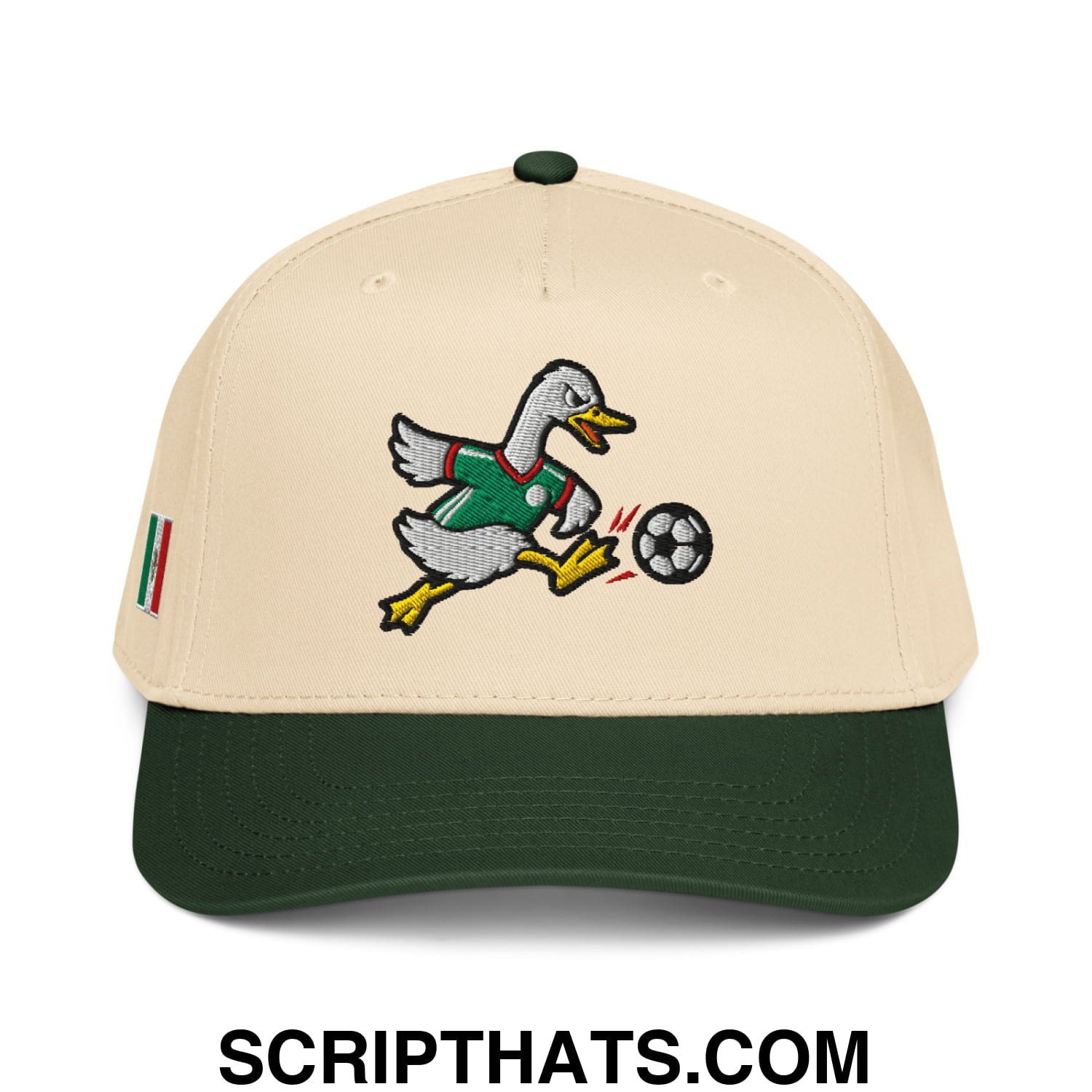 Beige and dark green baseball snapback hat with embroidered duck kicking soccer ball and italian flag patch