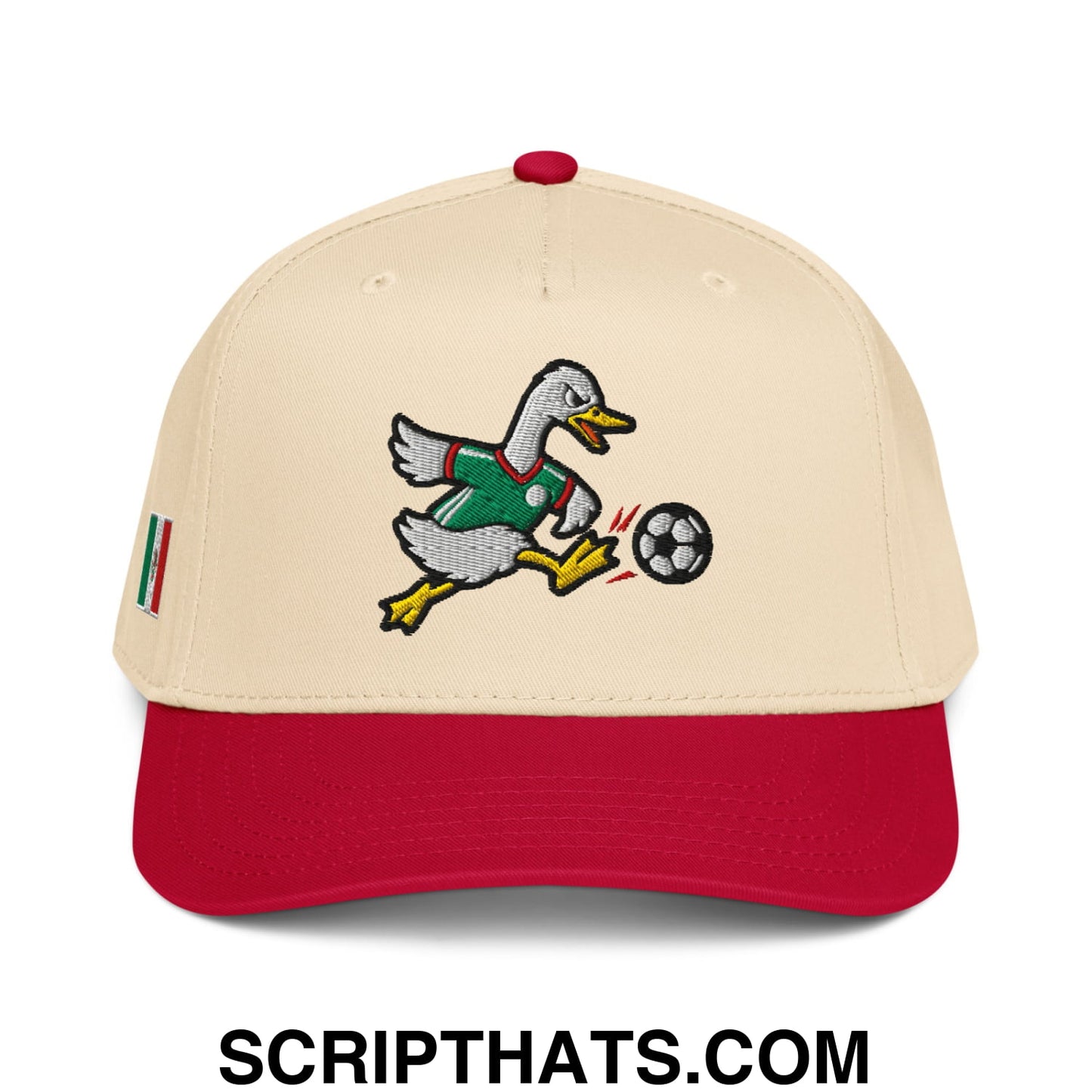 Beige and red embroidered baseball snapback hat featuring merlin the duck in green jersey kicking soccer ball with italian flag patch