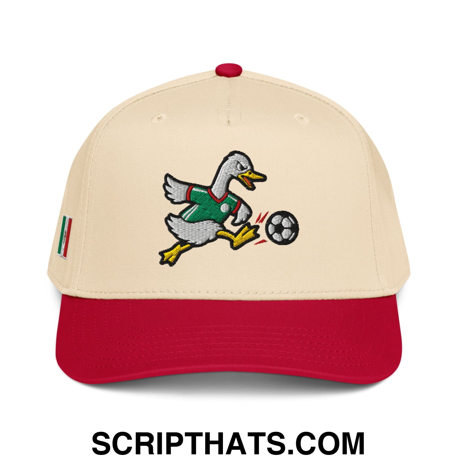 Beige and red embroidered baseball snapback hat featuring merlin the duck in green jersey kicking soccer ball with italian flag patch