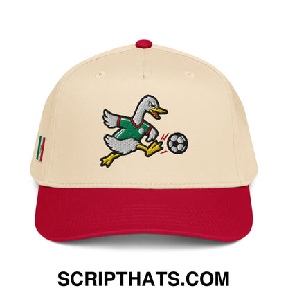 Beige and red embroidered baseball snapback hat featuring merlin the duck in green jersey kicking soccer ball with italian flag patch