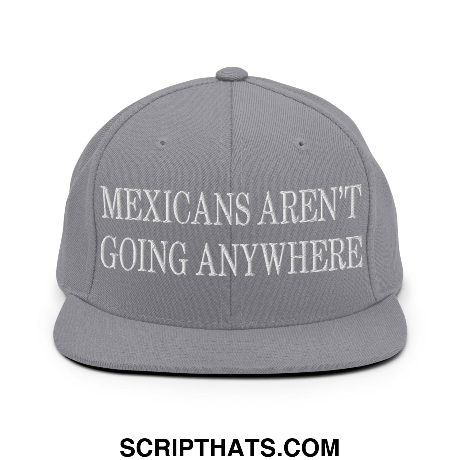 Mexicans Aren't Going Anywhere Embroidered Flat Bill Brim Snapback Hat Silver