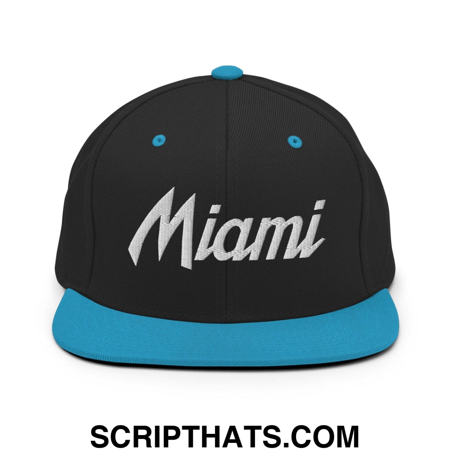 Miami Script Snapback Hat Black Teal