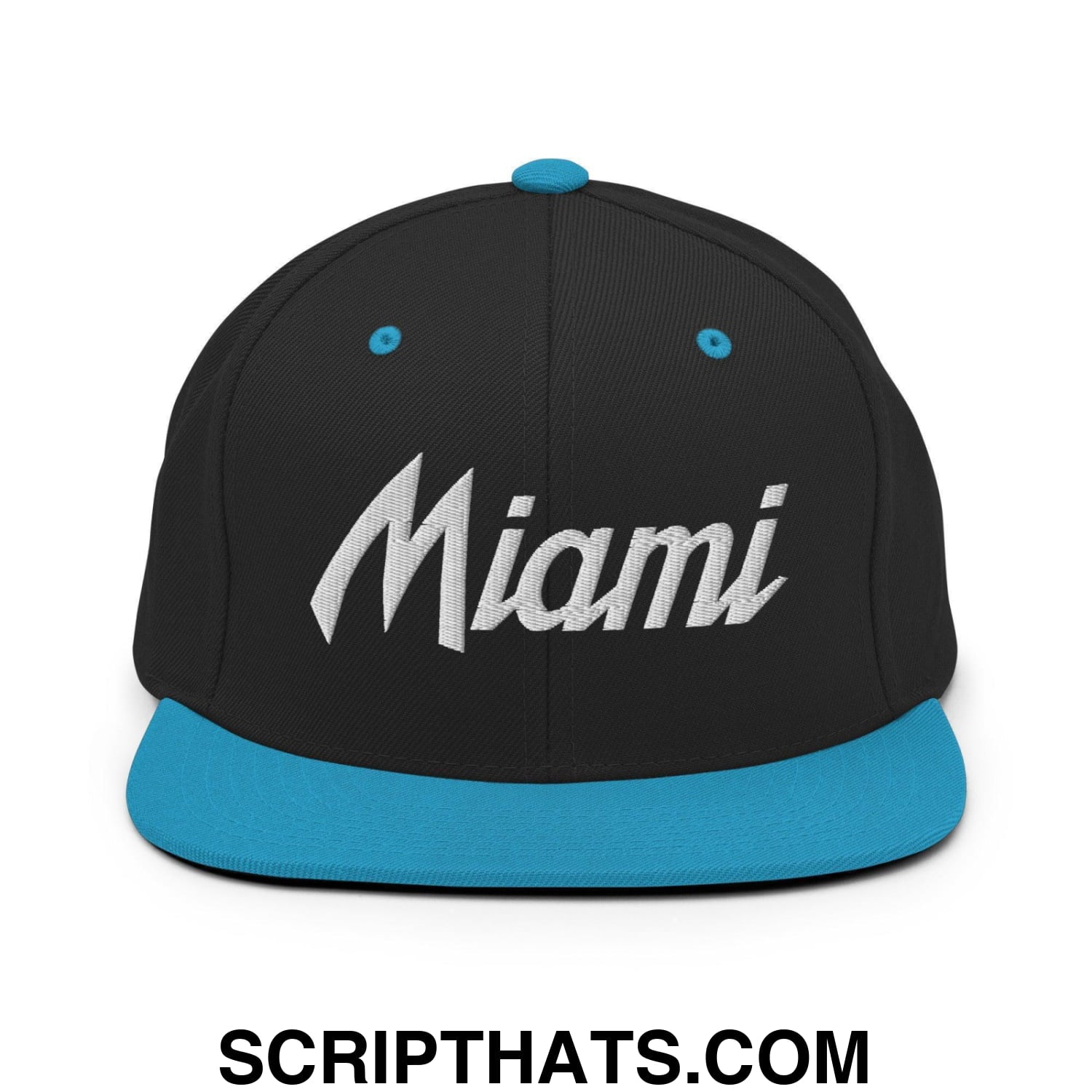 Miami Script Snapback Hat Black Teal