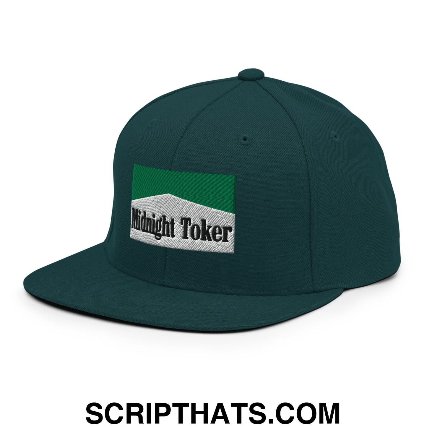 Midnight Toker Cigarette Menthol Green Embroidered Flat Bill Brim Snapback Hat Spruce