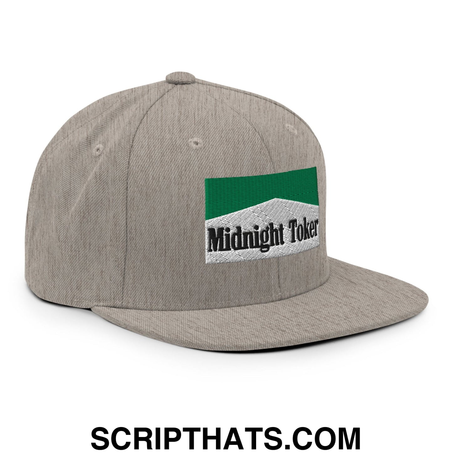 Midnight Toker Cigarette Menthol Green Embroidered Flat Bill Brim Snapback Hat Heather Grey