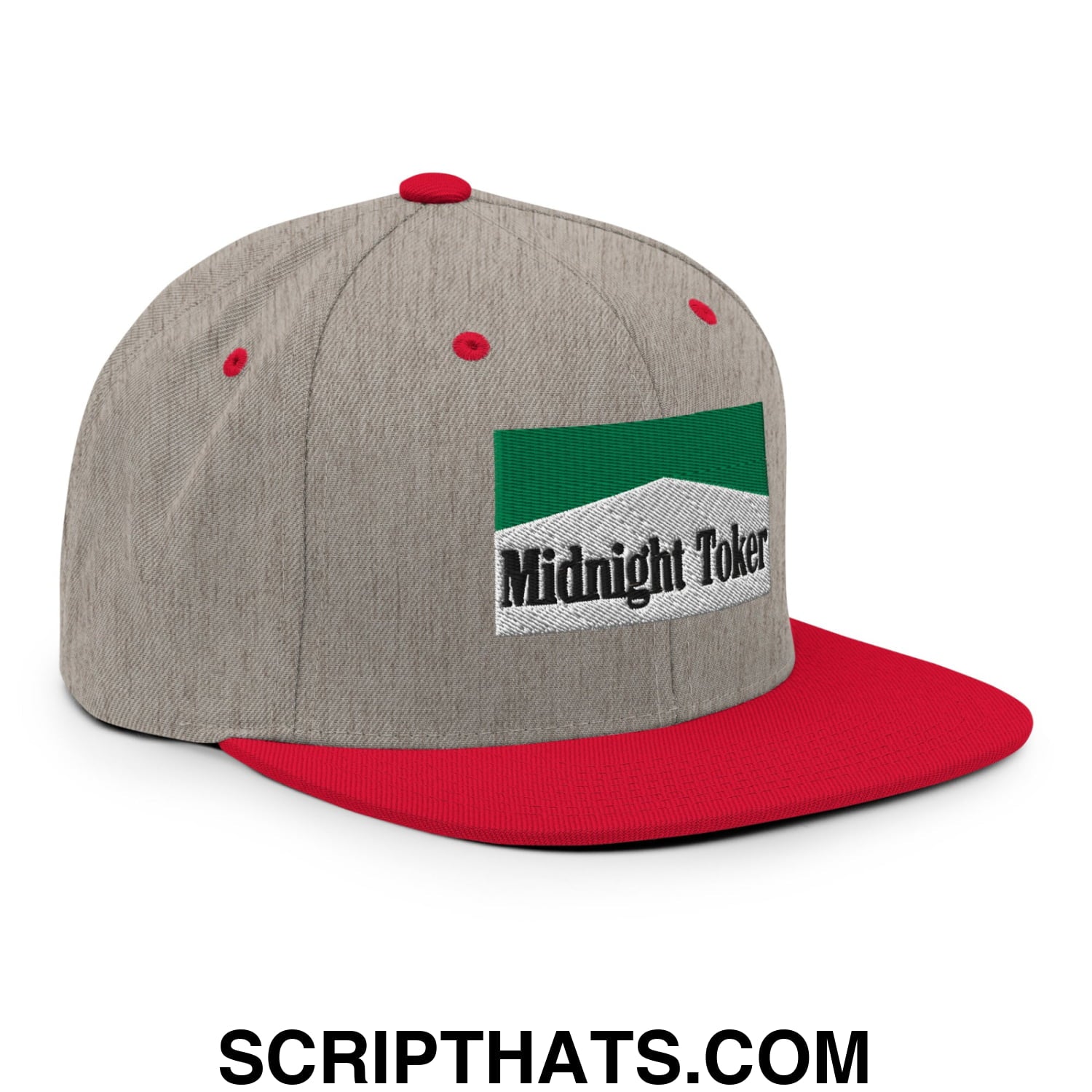 Midnight Toker Cigarette Menthol Green Embroidered Flat Bill Brim Snapback Hat Heather Grey Red