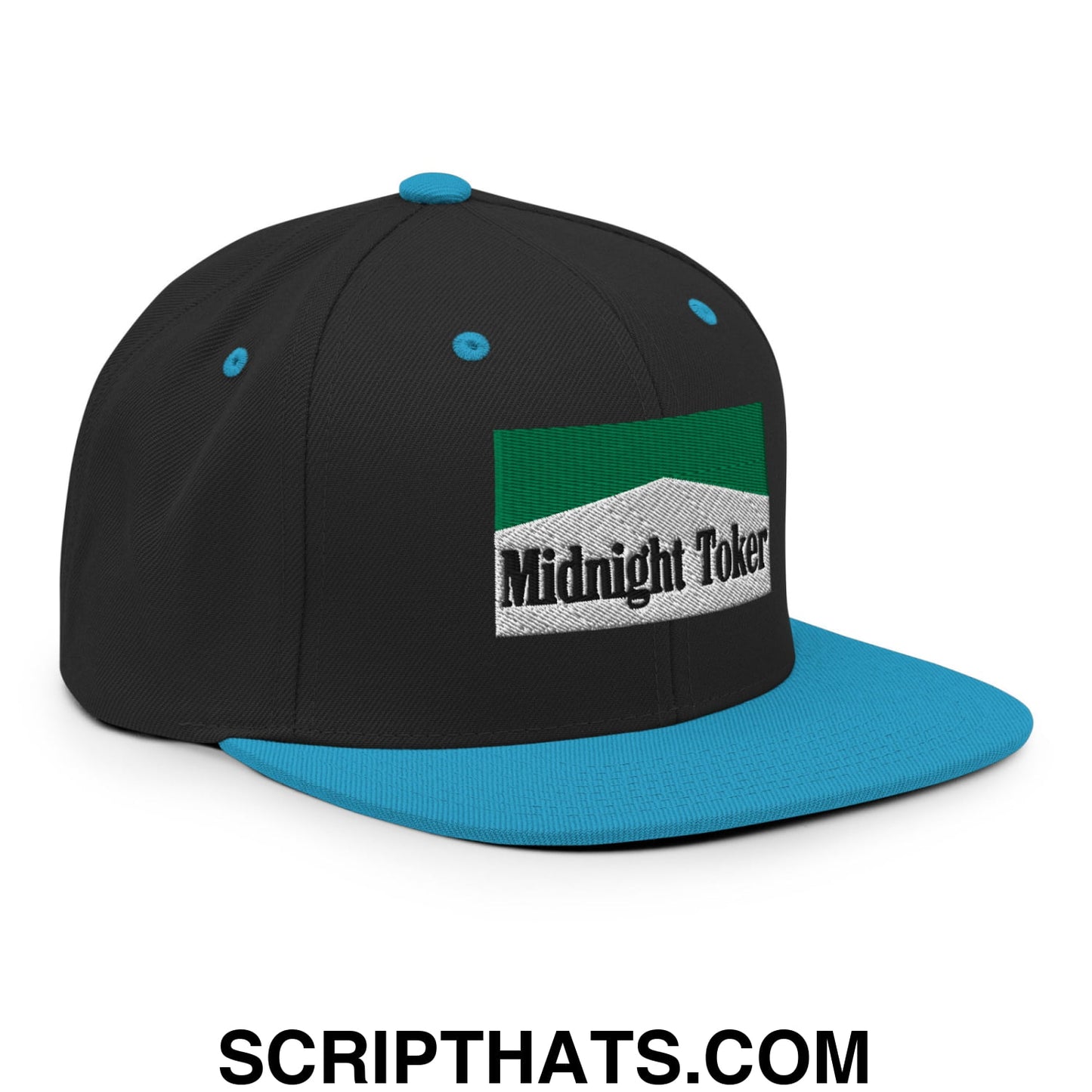 Midnight Toker Cigarette Menthol Green Embroidered Flat Bill Brim Snapback Hat Black Teal