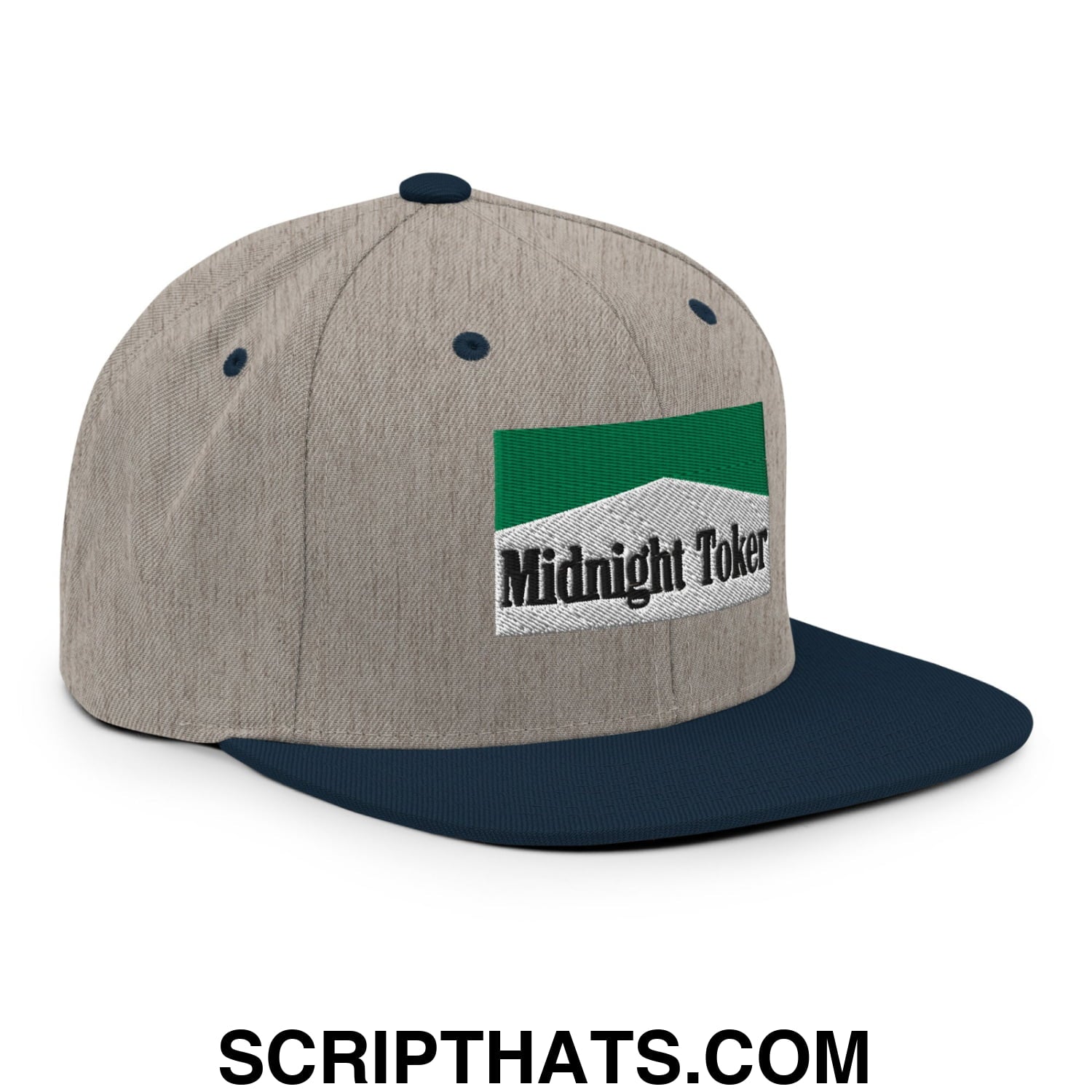 Midnight Toker Cigarette Menthol Green Embroidered Flat Bill Brim Snapback Hat Heather Grey Navy