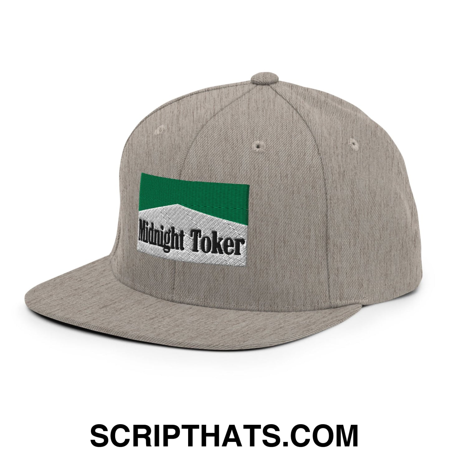 Midnight Toker Cigarette Menthol Green Embroidered Flat Bill Brim Snapback Hat Heather Grey