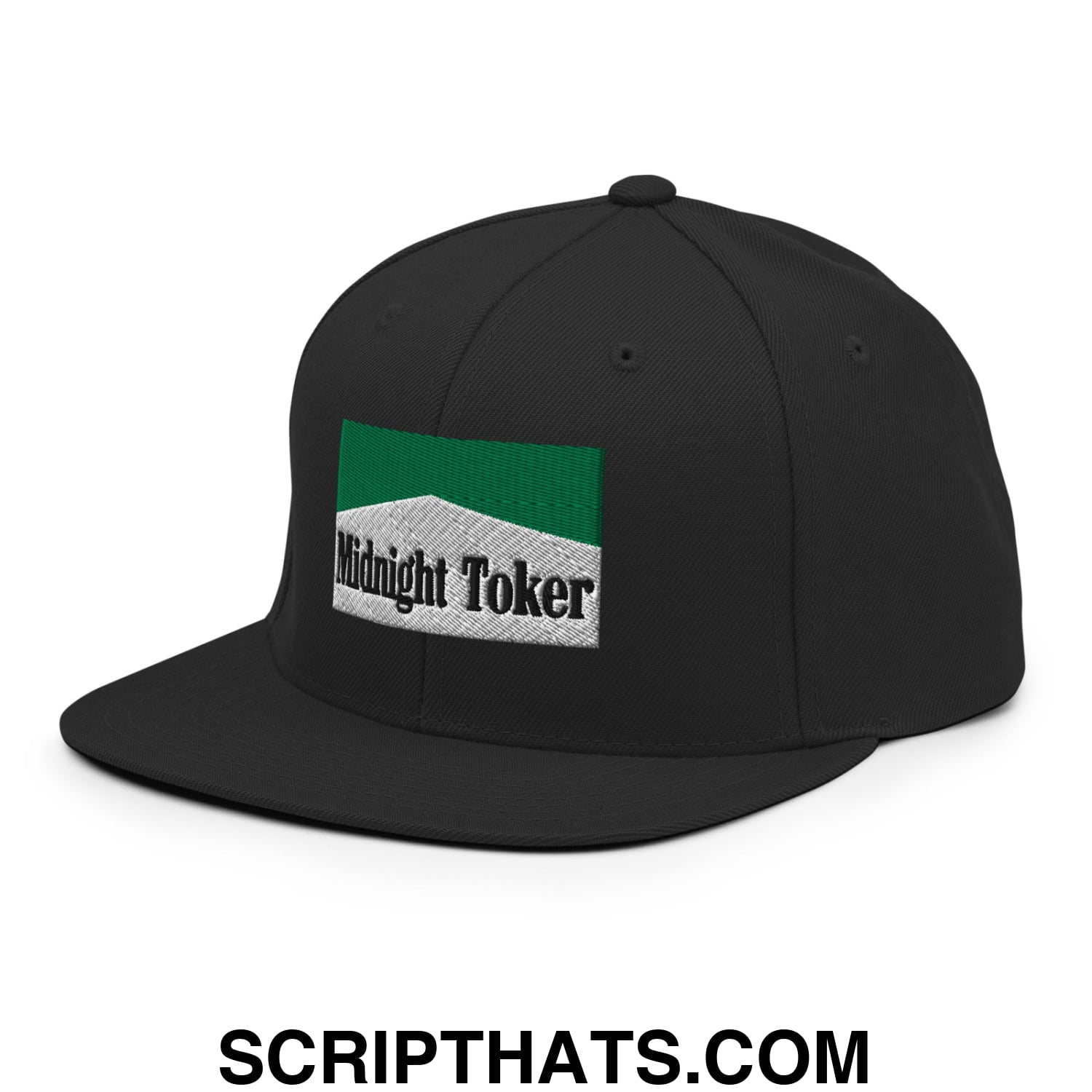 Midnight Toker Cigarette Menthol Green Embroidered Flat Bill Brim Snapback Hat Black