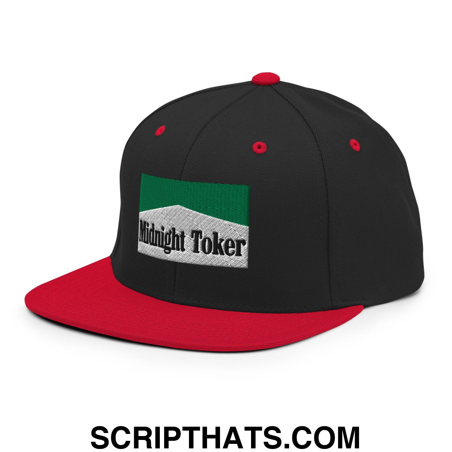 Midnight Toker Cigarette Menthol Green Embroidered Flat Bill Brim Snapback Hat Black Red