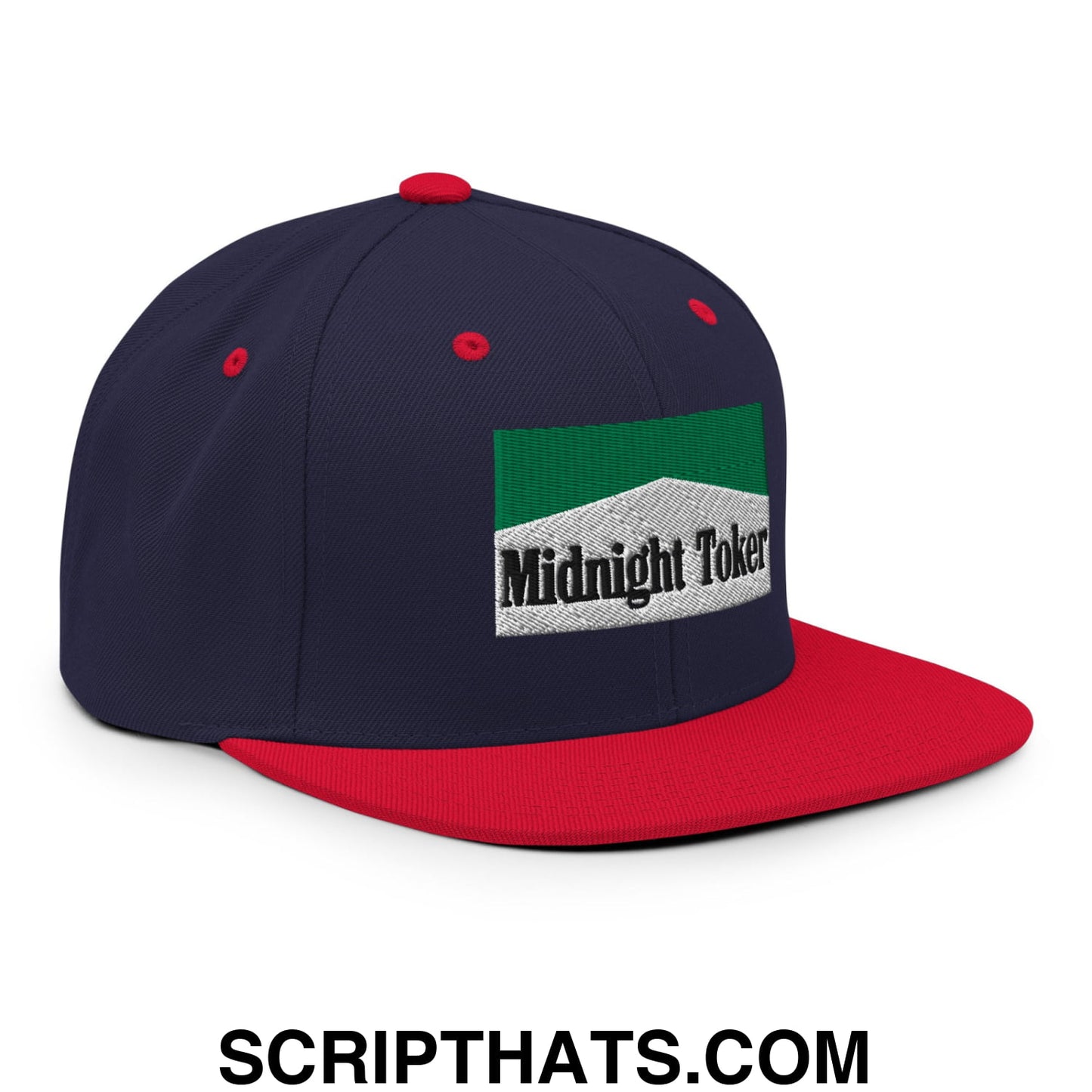 Midnight Toker Cigarette Menthol Green Embroidered Flat Bill Brim Snapback Hat Navy Red