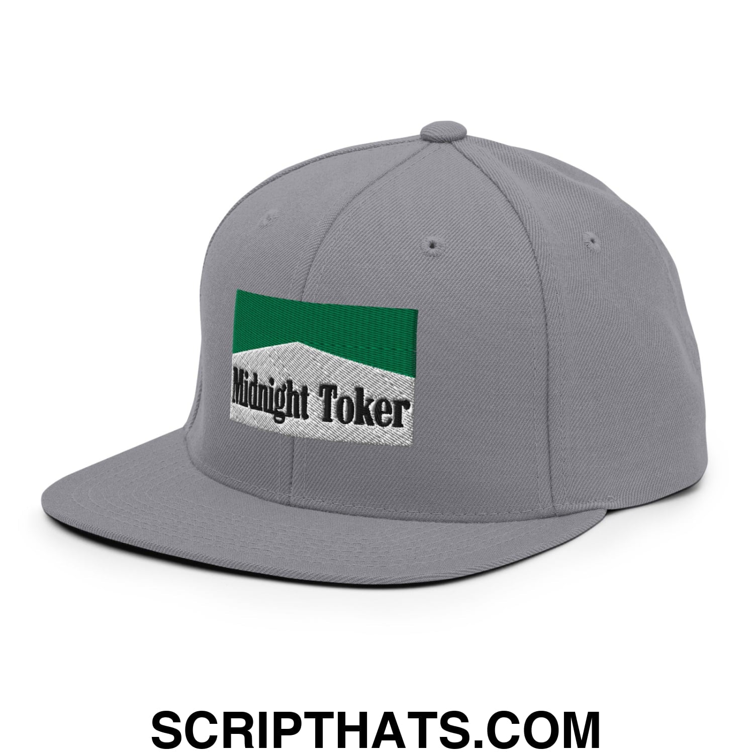 Midnight Toker Cigarette Menthol Green Embroidered Flat Bill Brim Snapback Hat Silver