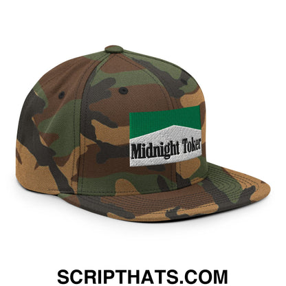 Midnight Toker Cigarette Menthol Green Embroidered Flat Bill Brim Snapback Hat Green Camo