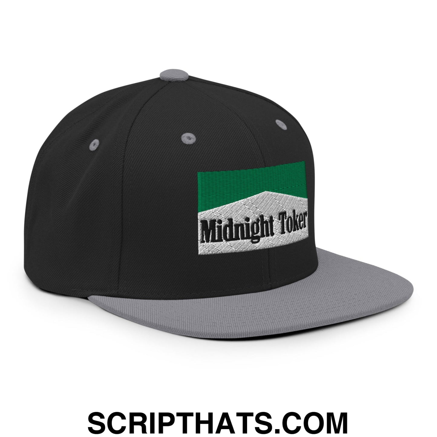 Midnight Toker Cigarette Menthol Green Embroidered Flat Bill Brim Snapback Hat Black Silver