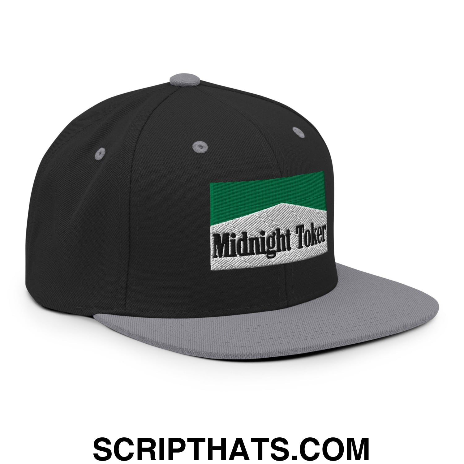 Midnight Toker Cigarette Menthol Green Embroidered Flat Bill Brim Snapback Hat Black Silver