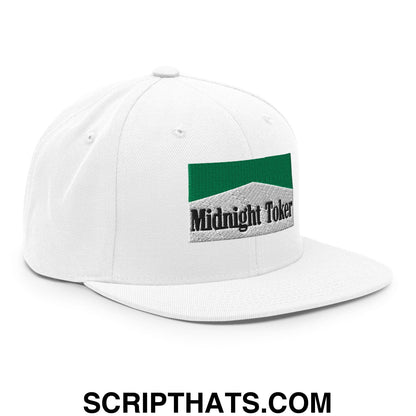 Midnight Toker Cigarette Menthol Green Embroidered Flat Bill Brim Snapback Hat White