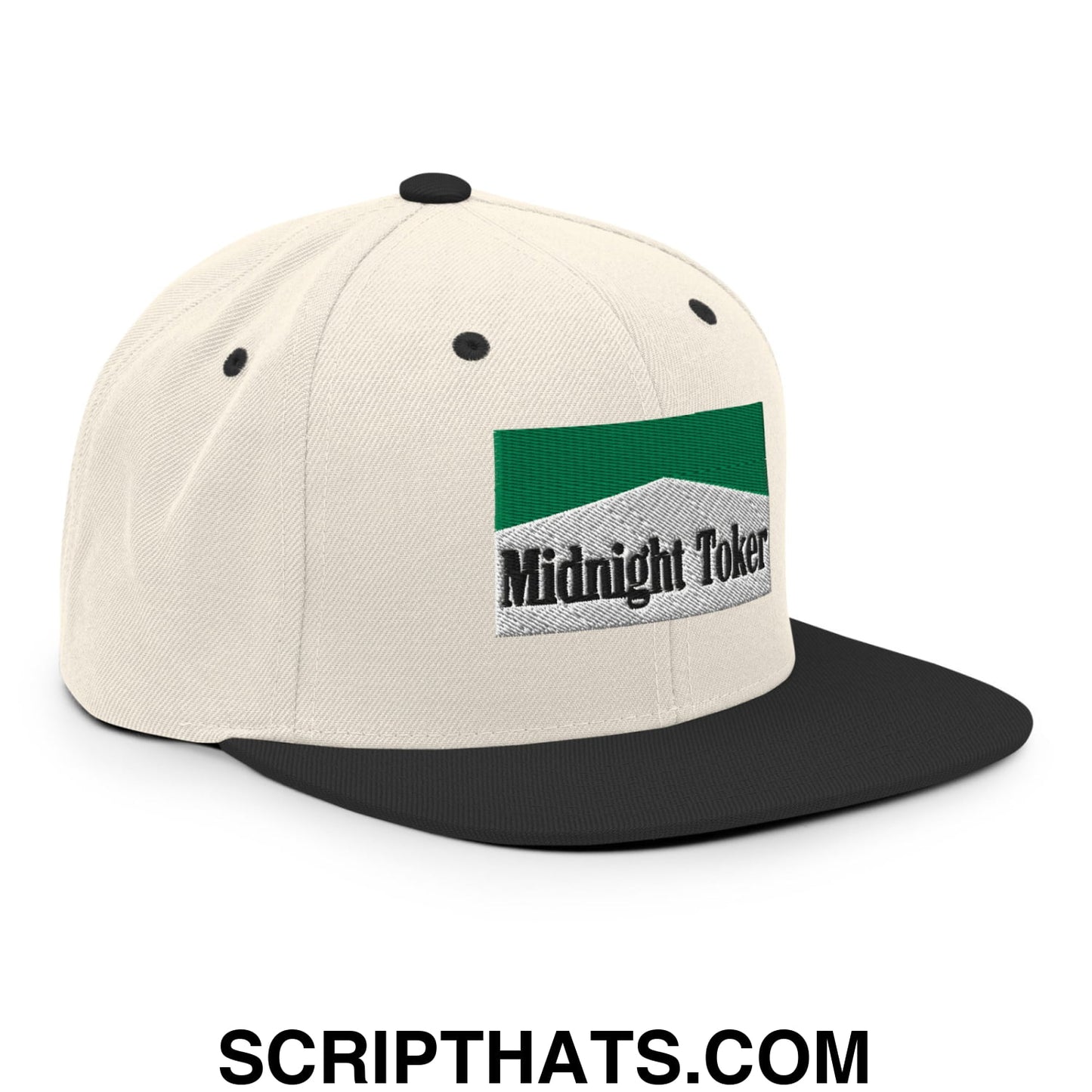 Midnight Toker Cigarette Menthol Green Embroidered Flat Bill Brim Snapback Hat Natural Black