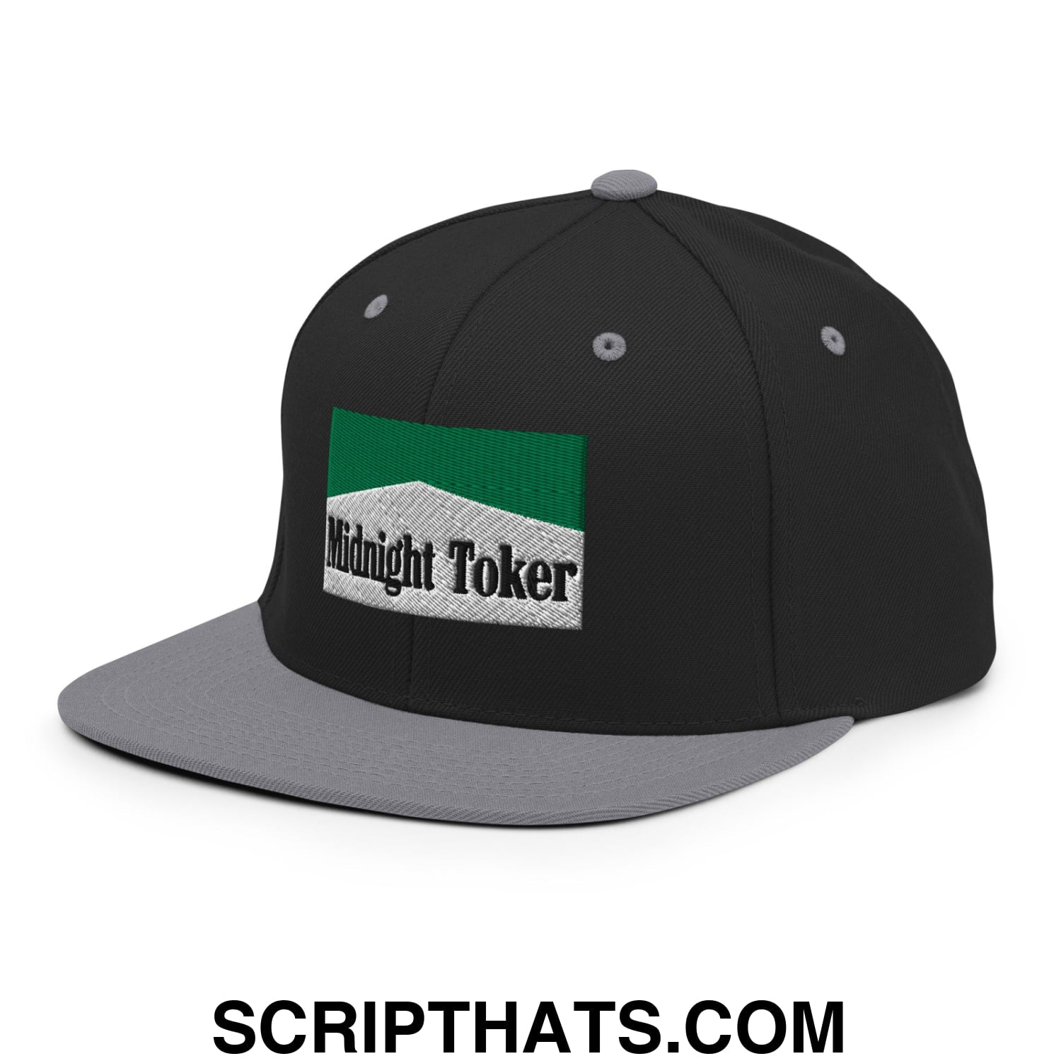 Midnight Toker Cigarette Menthol Green Embroidered Flat Bill Brim Snapback Hat Black Silver