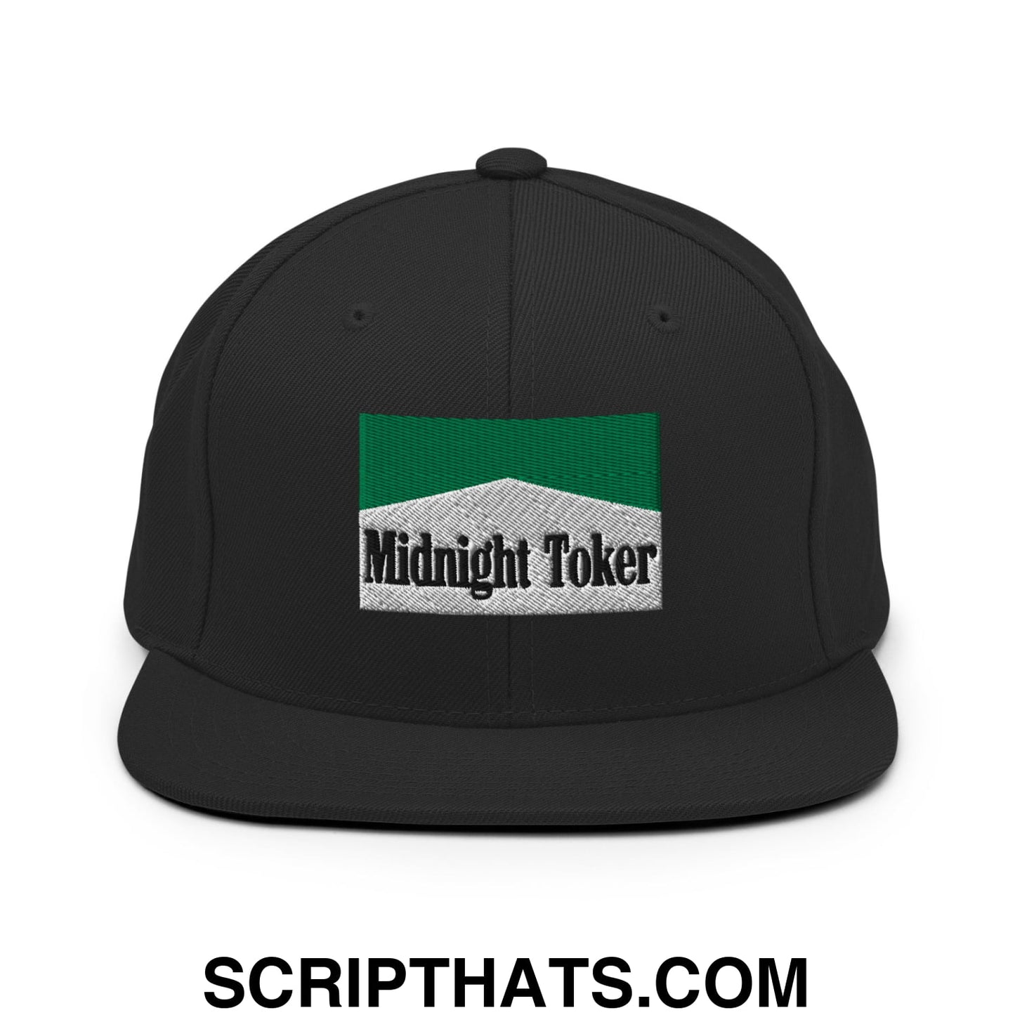 Midnight Toker Cigarette Menthol Green Embroidered Flat Bill Brim Snapback Hat Black