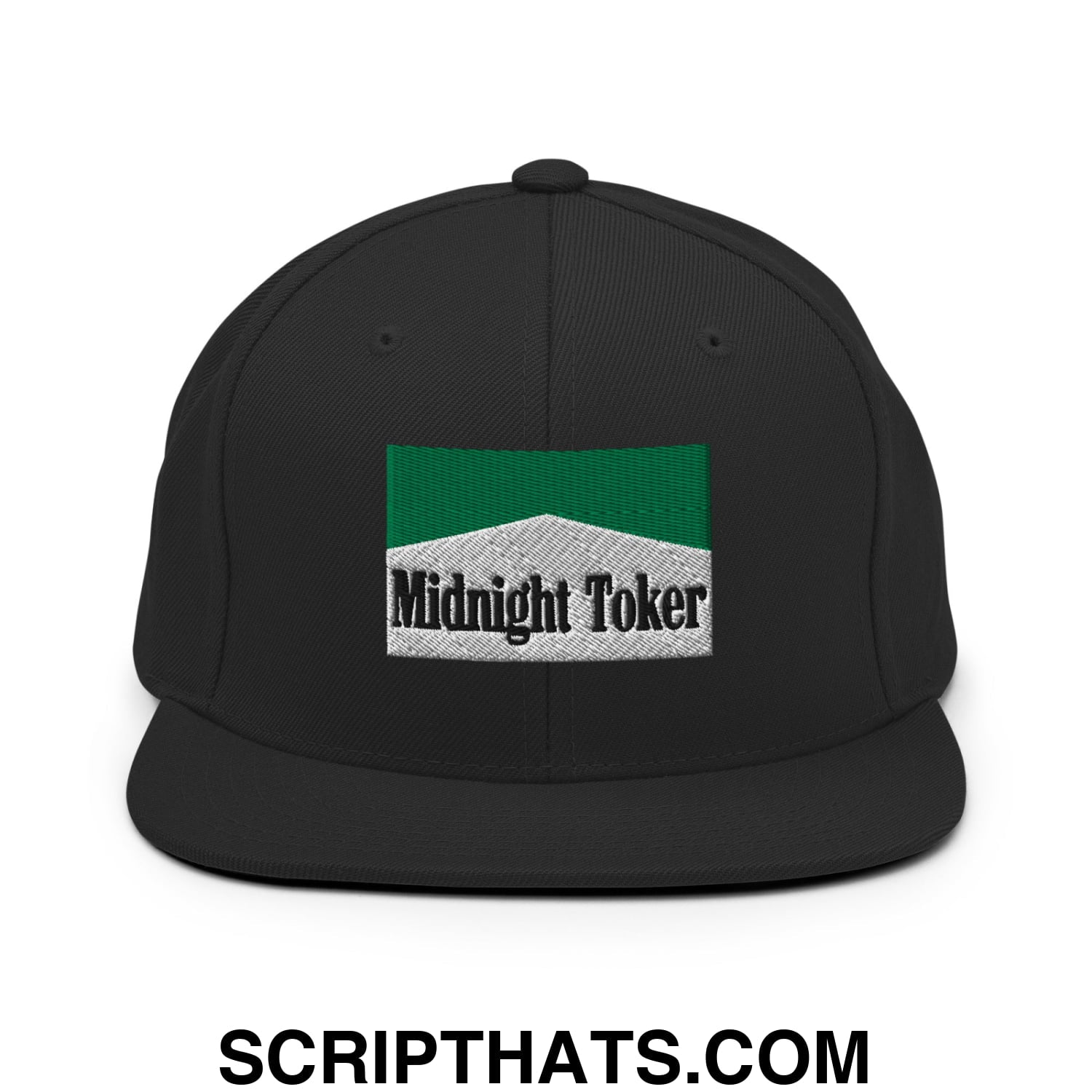 Midnight Toker Cigarette Menthol Green Embroidered Flat Bill Brim Snapback Hat Black