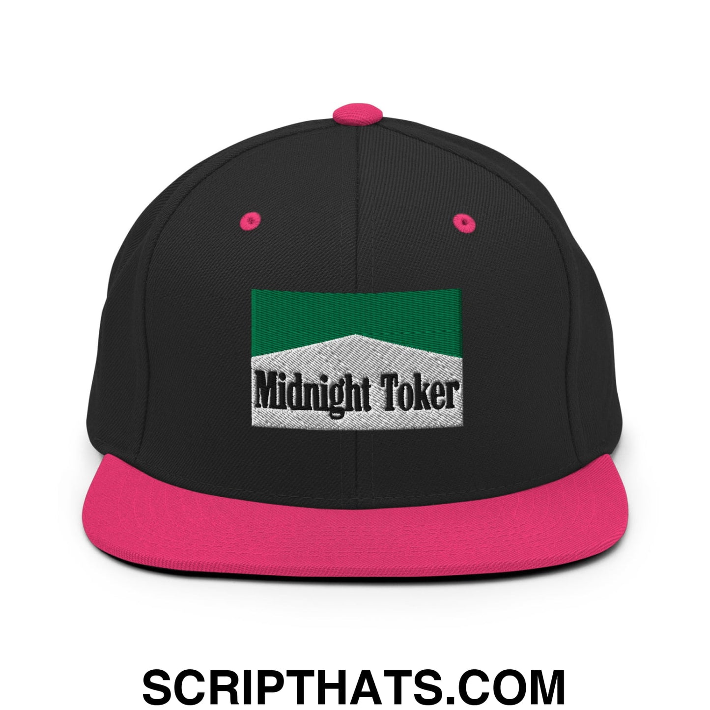 Midnight Toker Cigarette Menthol Green Embroidered Flat Bill Brim Snapback Hat Black Neon Pink