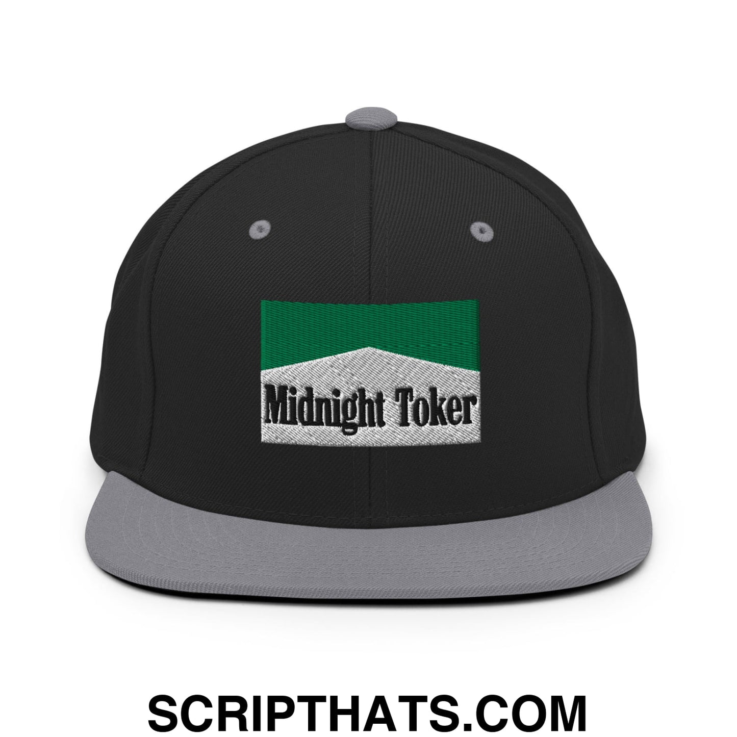 Midnight Toker Cigarette Menthol Green Embroidered Flat Bill Brim Snapback Hat Black Silver