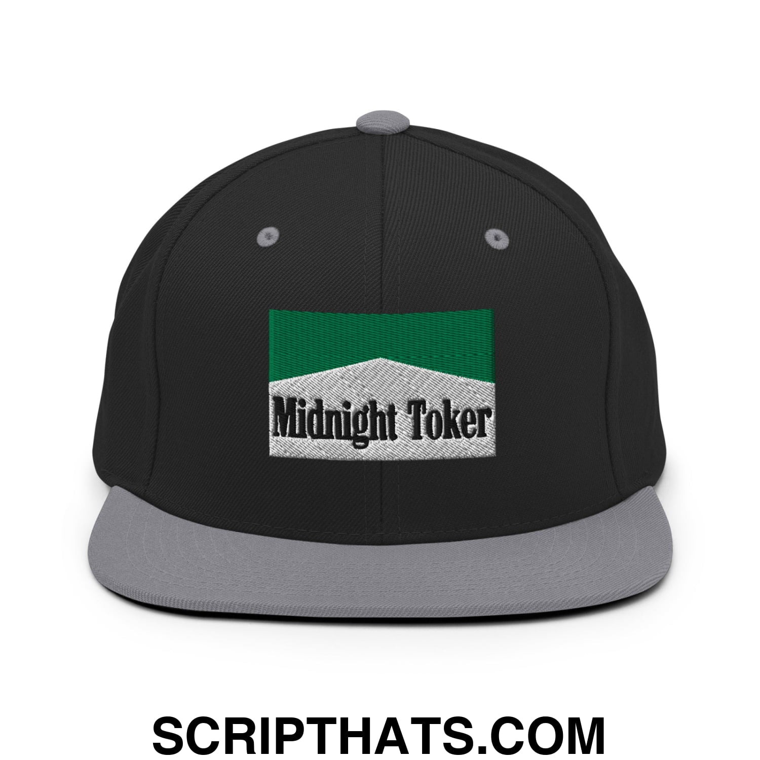 Midnight Toker Cigarette Menthol Green Embroidered Flat Bill Brim Snapback Hat Black Silver