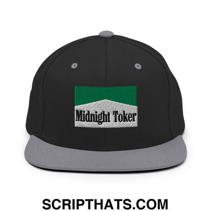 Midnight Toker Cigarette Menthol Green Embroidered Flat Bill Brim Snapback Hat Black Silver