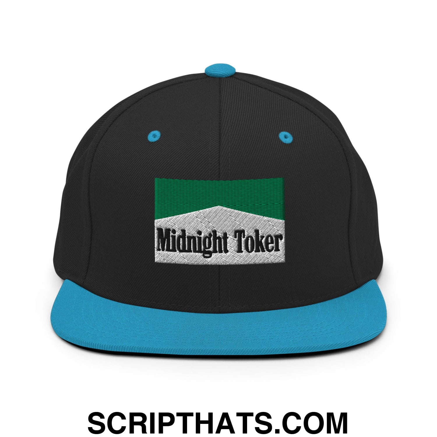 Midnight Toker Cigarette Menthol Green Embroidered Flat Bill Brim Snapback Hat Black Teal