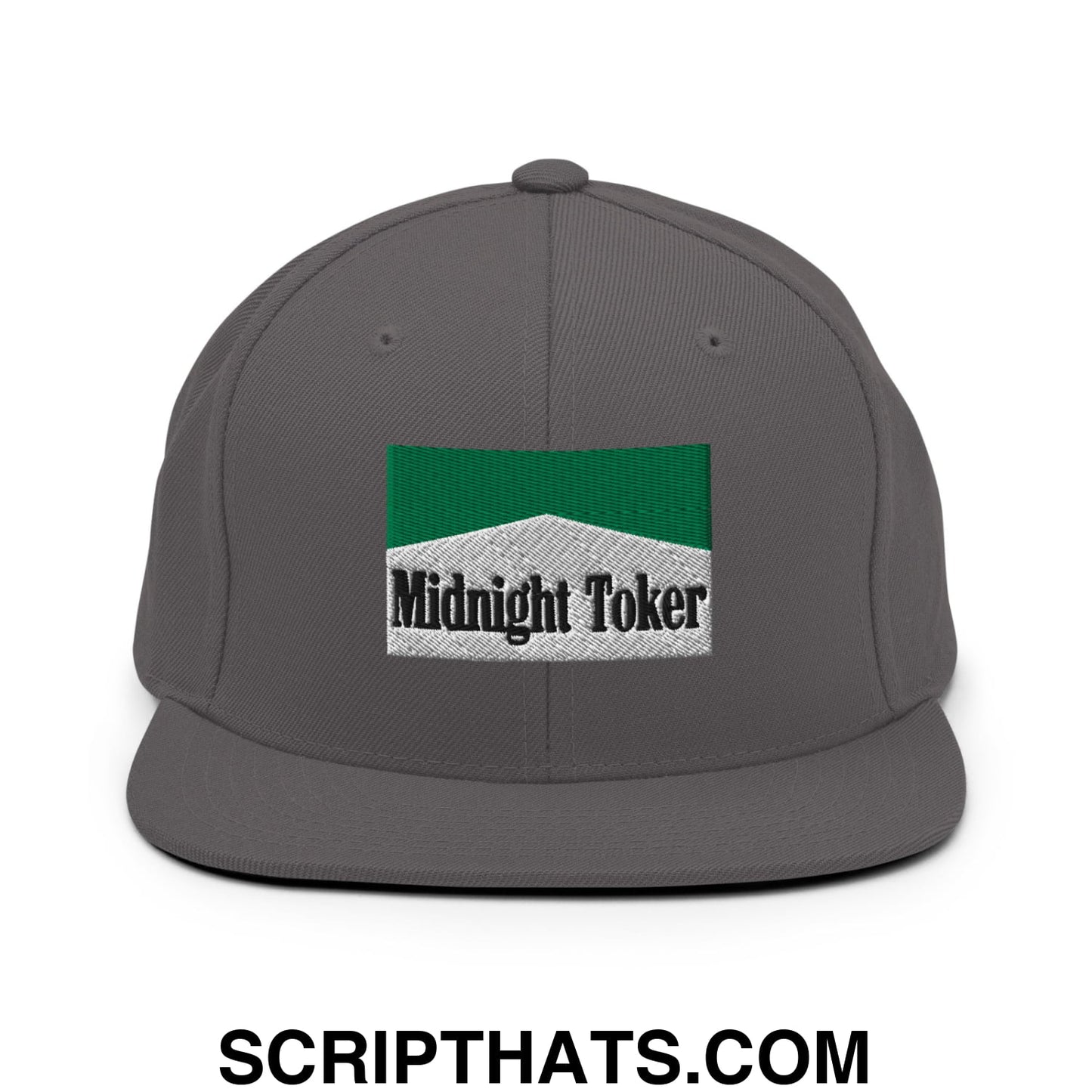 Midnight Toker Cigarette Menthol Green Embroidered Flat Bill Brim Snapback Hat Dark Grey