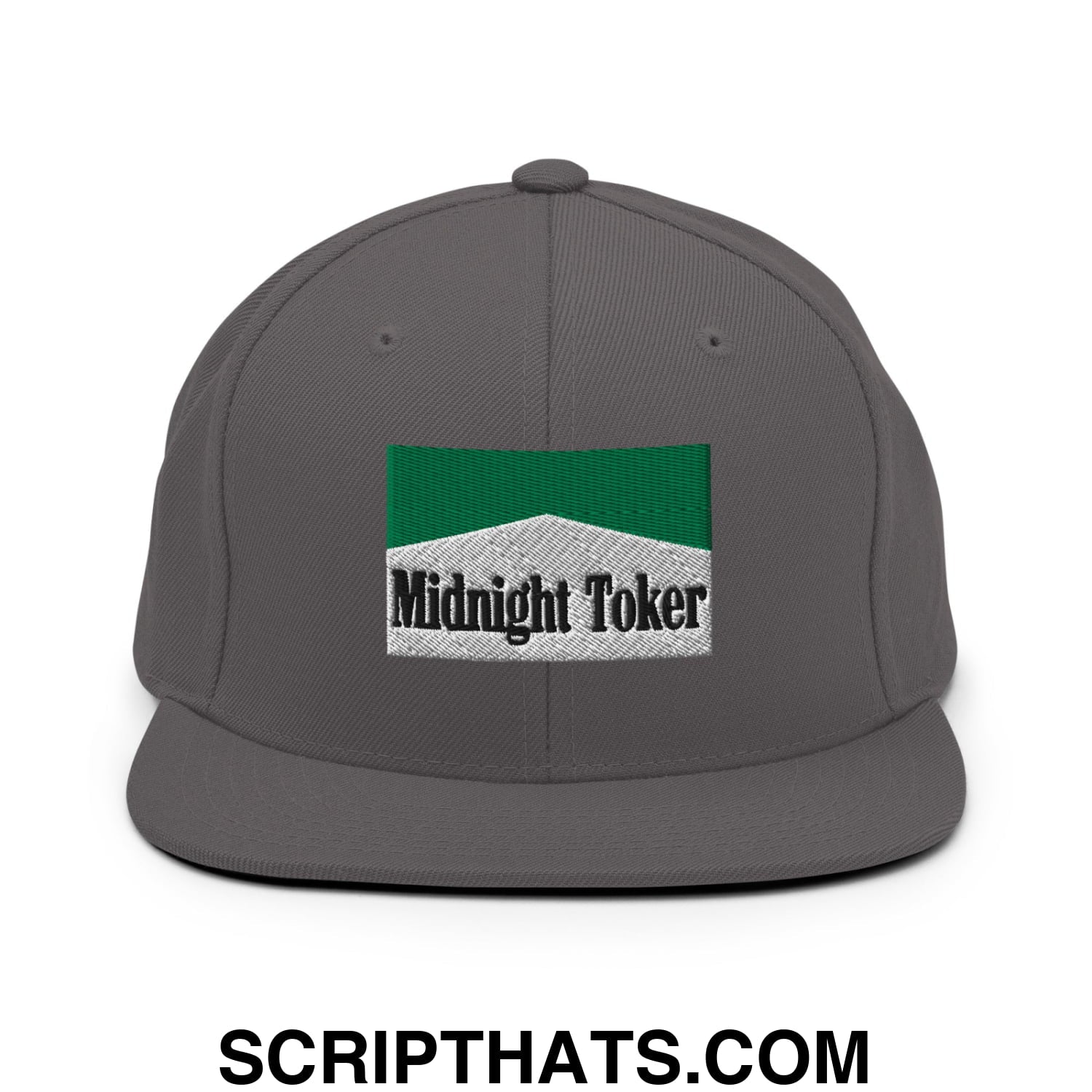Midnight Toker Cigarette Menthol Green Embroidered Flat Bill Brim Snapback Hat Dark Grey