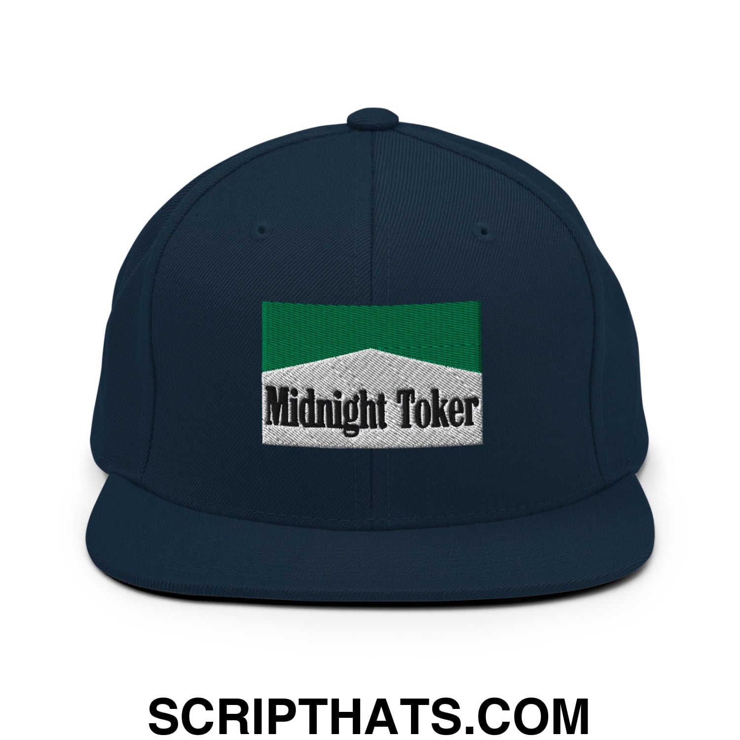 Midnight Toker Cigarette Menthol Green Embroidered Flat Bill Brim Snapback Hat Dark Navy