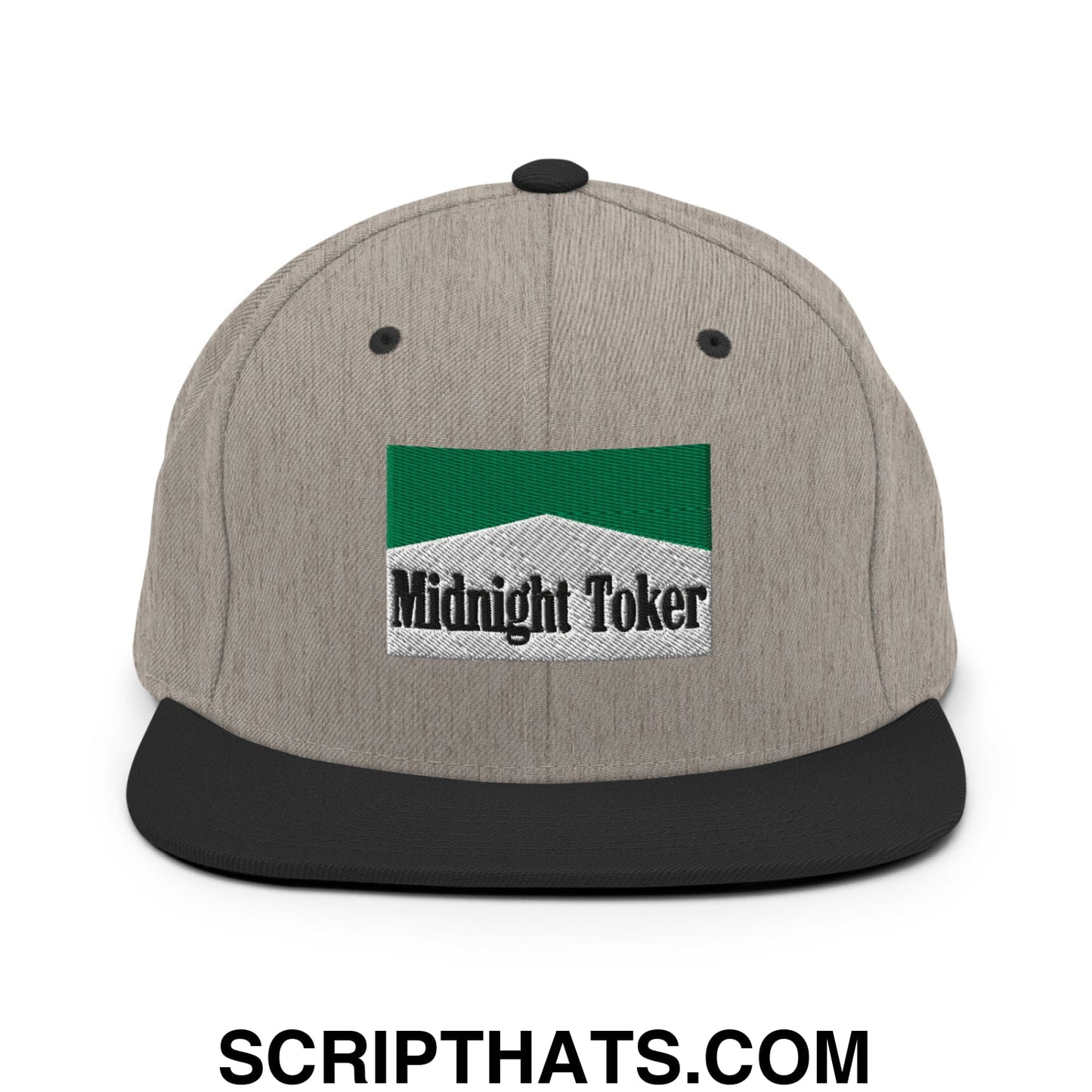 Midnight Toker Cigarette Menthol Green Embroidered Flat Bill Brim Snapback Hat Heather Black