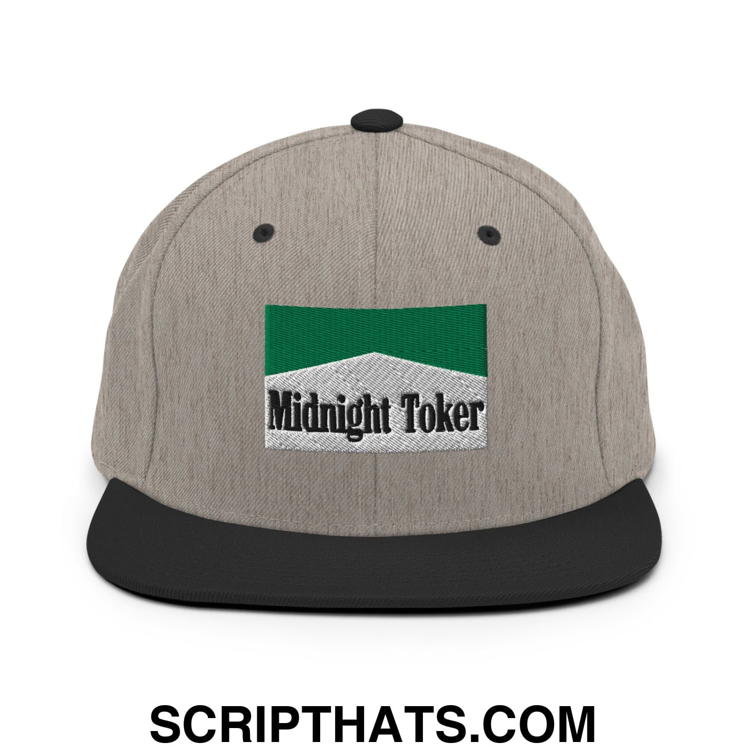 Midnight Toker Cigarette Menthol Green Embroidered Flat Bill Brim Snapback Hat Heather Black