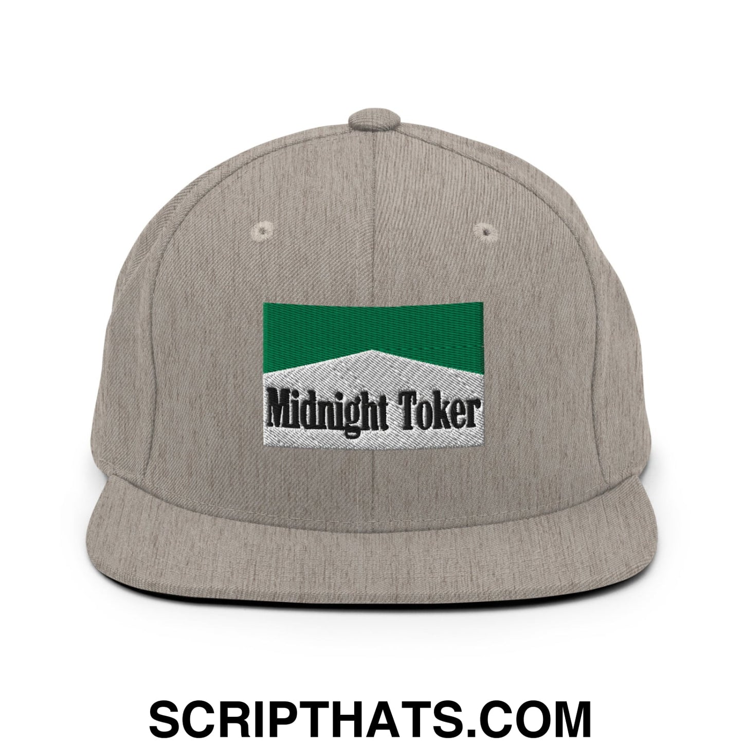 Midnight Toker Cigarette Menthol Green Embroidered Flat Bill Brim Snapback Hat Heather Grey