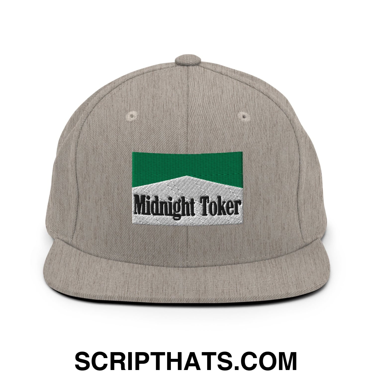 Midnight Toker Cigarette Menthol Green Embroidered Flat Bill Brim Snapback Hat Heather Grey