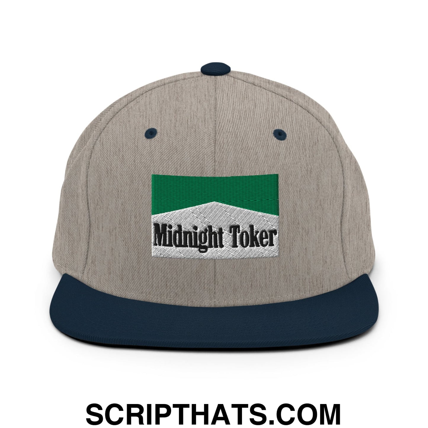 Midnight Toker Cigarette Menthol Green Embroidered Flat Bill Brim Snapback Hat Heather Grey Navy