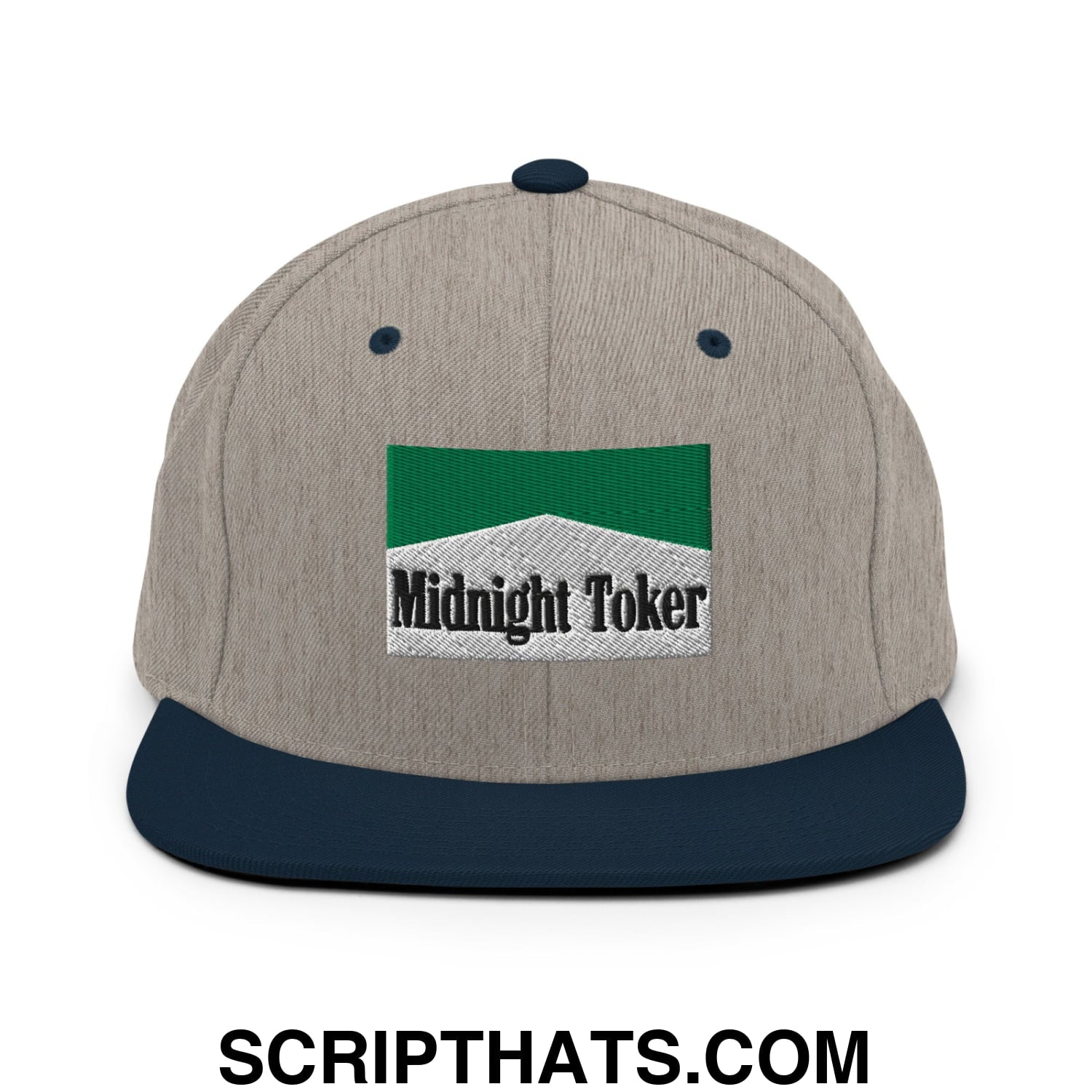 Midnight Toker Cigarette Menthol Green Embroidered Flat Bill Brim Snapback Hat Heather Grey Navy