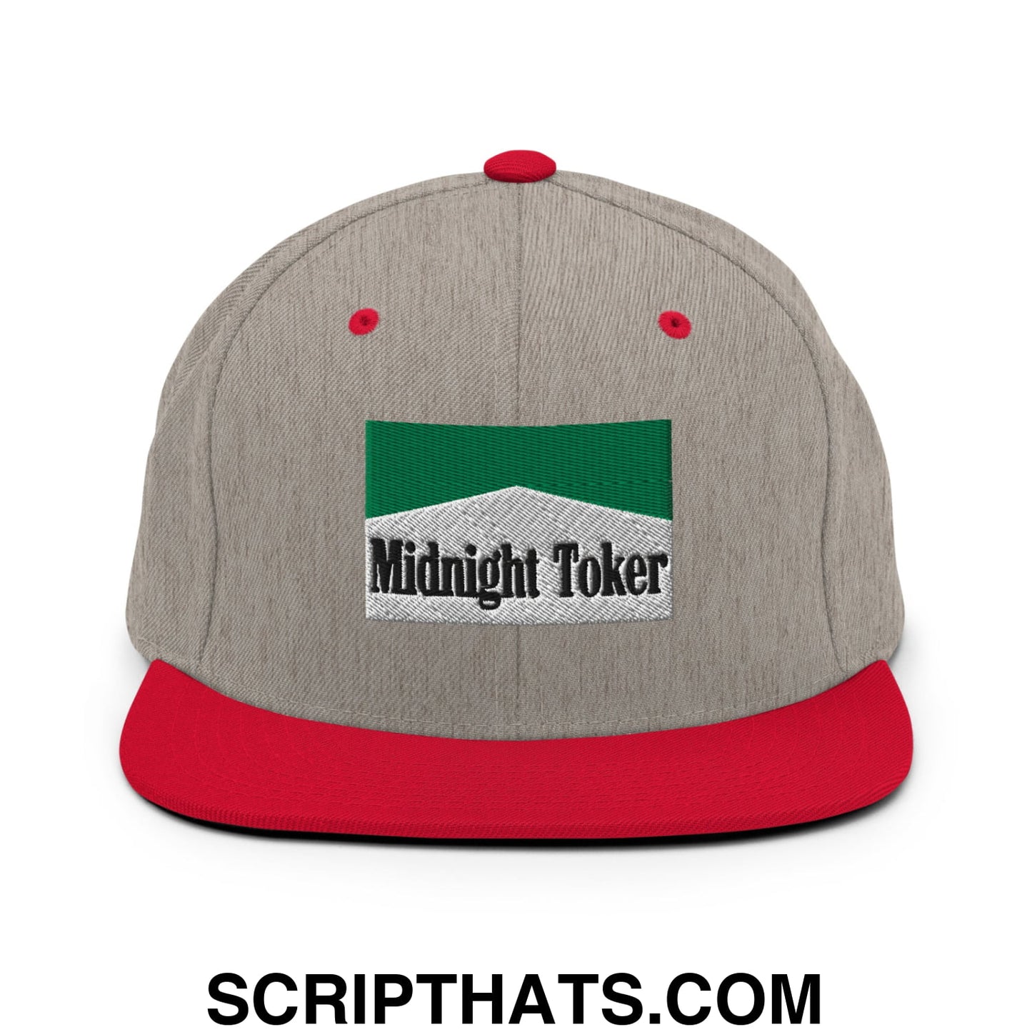 Midnight Toker Cigarette Menthol Green Embroidered Flat Bill Brim Snapback Hat Heather Grey Red