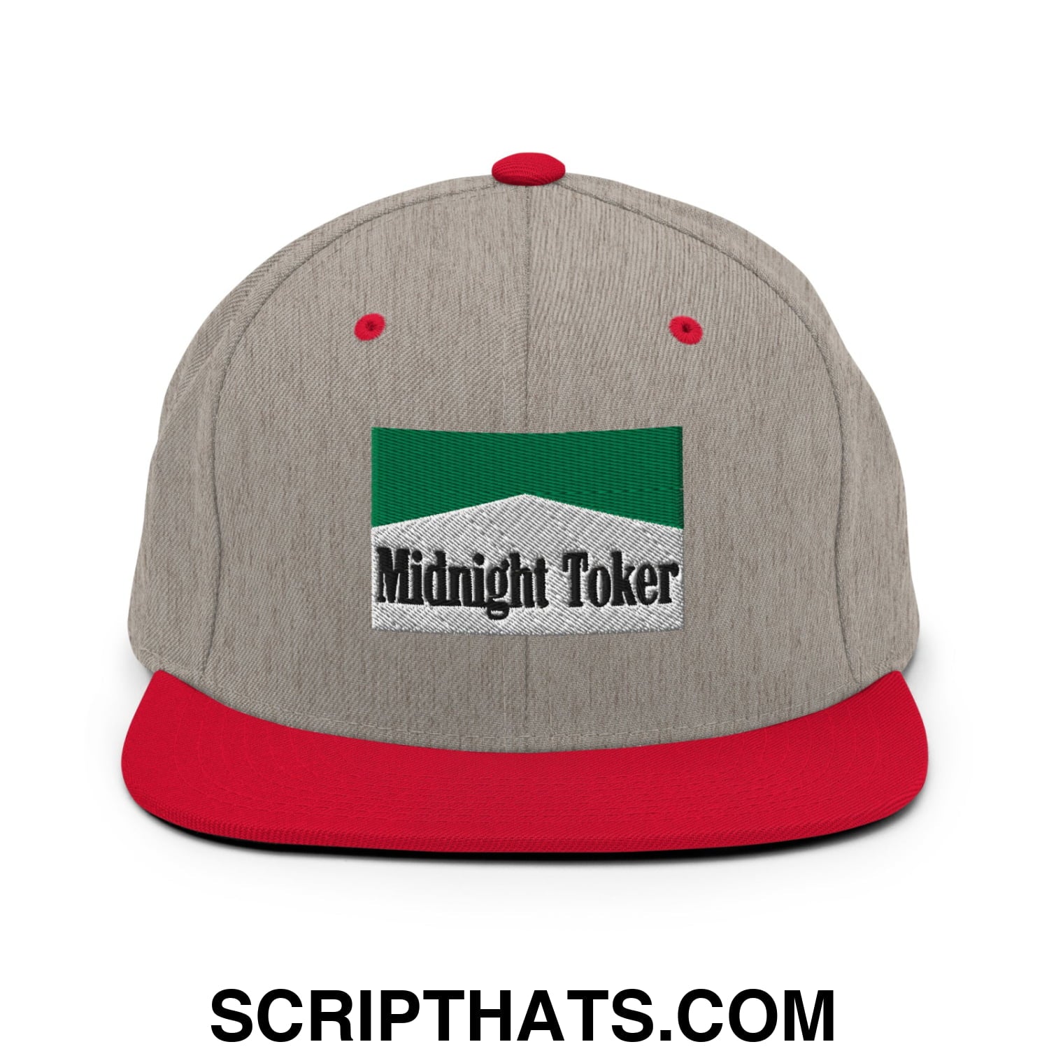 Midnight Toker Cigarette Menthol Green Embroidered Flat Bill Brim Snapback Hat Heather Grey Red