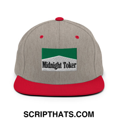 Midnight Toker Cigarette Menthol Green Embroidered Flat Bill Brim Snapback Hat Heather Grey Red