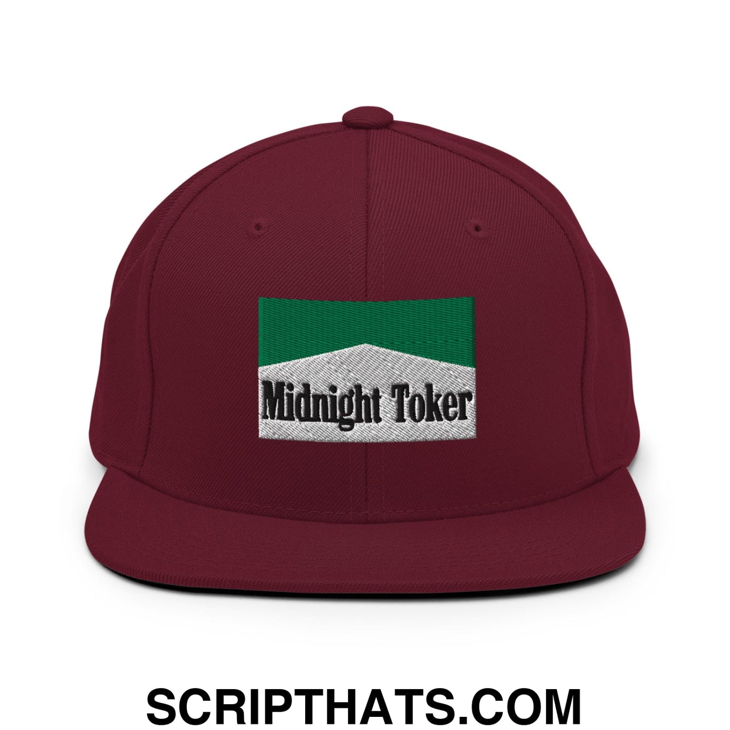 Midnight Toker Cigarette Menthol Green Embroidered Flat Bill Brim Snapback Hat Maroon