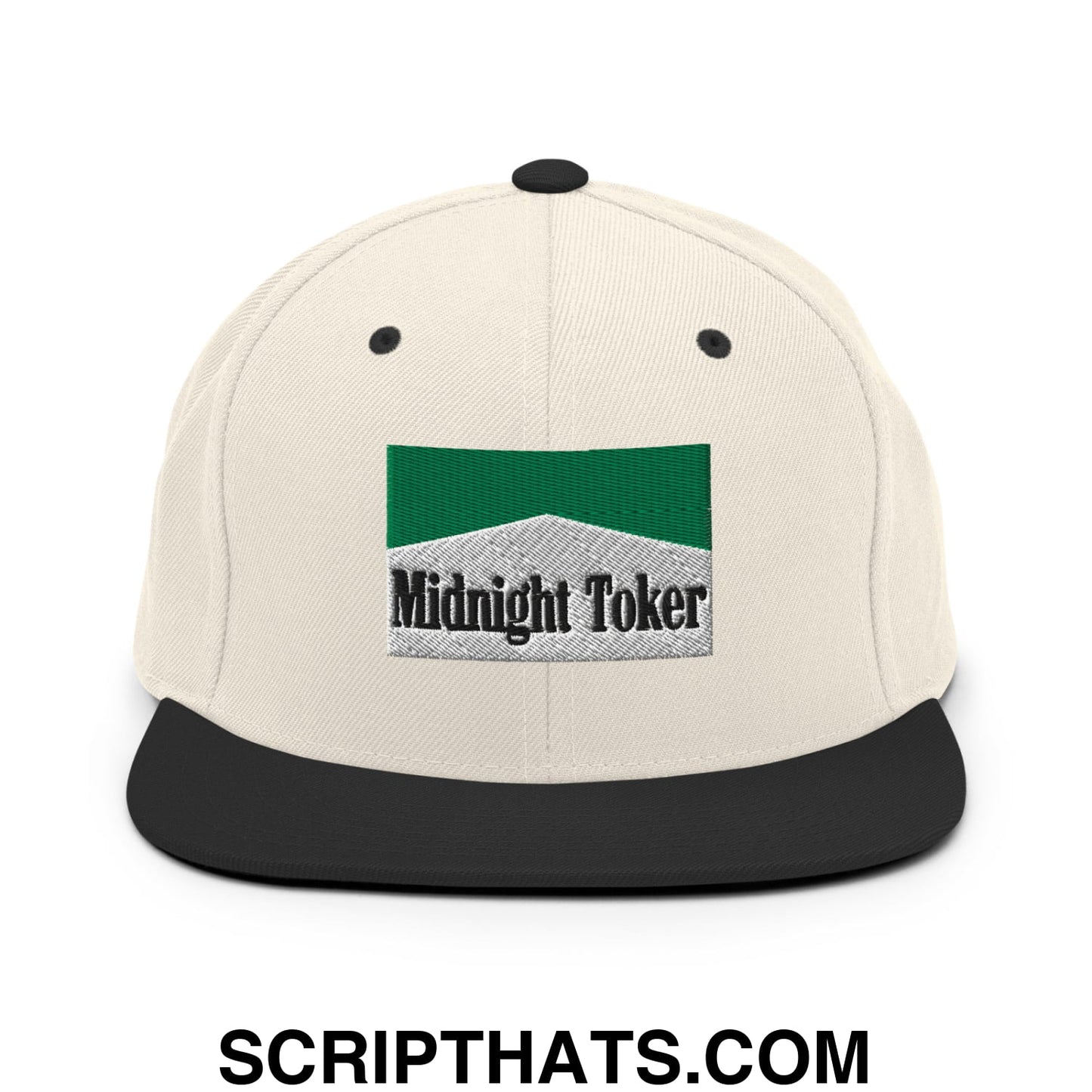 Midnight Toker Cigarette Menthol Green Embroidered Flat Bill Brim Snapback Hat Natural Black