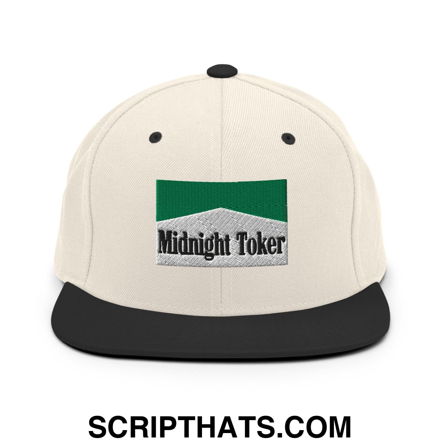 Midnight Toker Cigarette Menthol Green Embroidered Flat Bill Brim Snapback Hat Natural Black