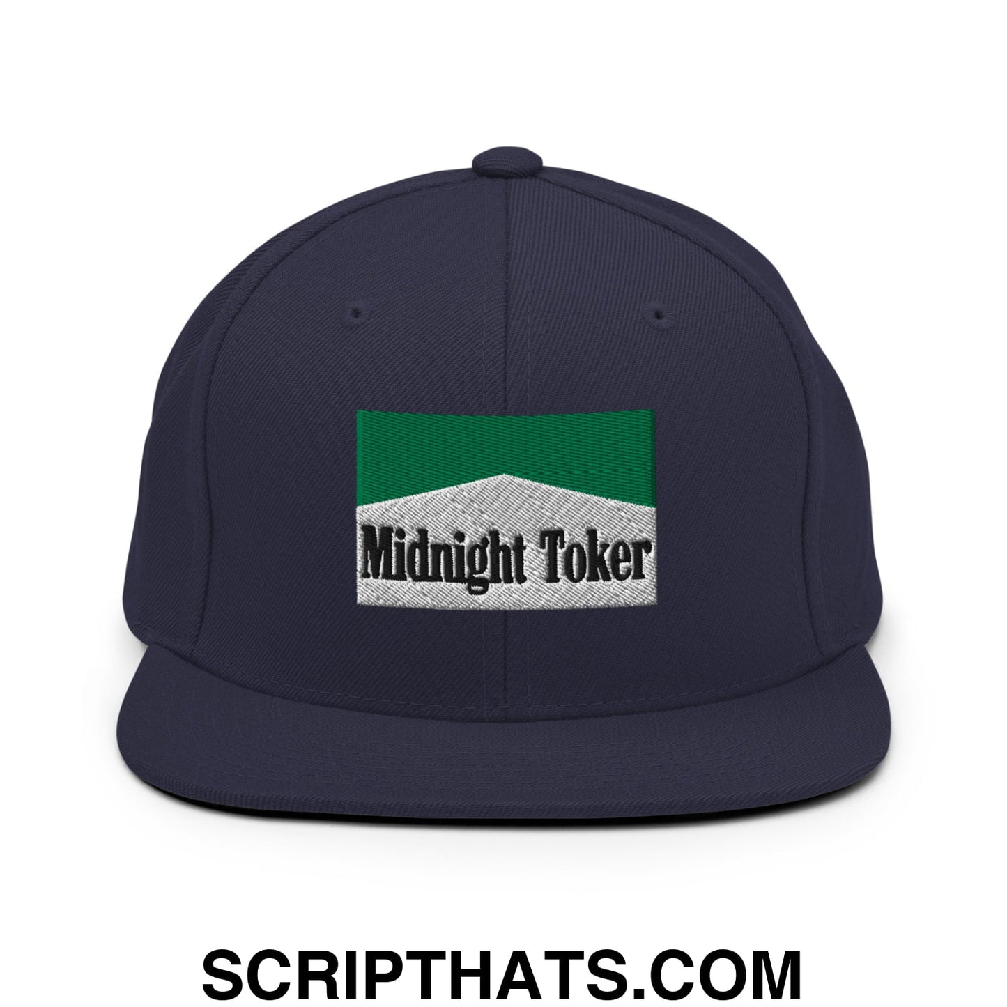 Midnight Toker Cigarette Menthol Green Embroidered Flat Bill Brim Snapback Hat Navy