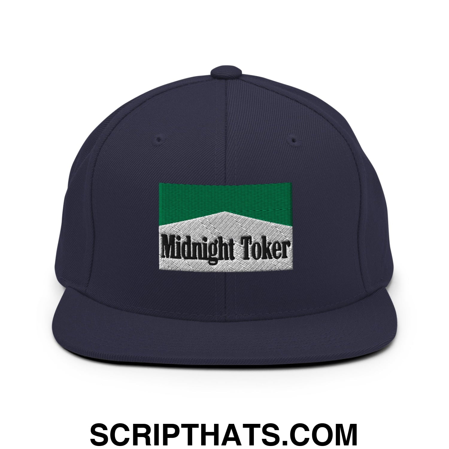 Midnight Toker Cigarette Menthol Green Embroidered Flat Bill Brim Snapback Hat Navy